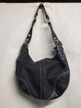 Vinyage Coach Black Hobo Shoulder Bag with White Contrast Stitching